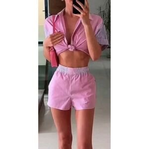 Zara Pink Multicolor Combination Striped Shorts & cropped top , M